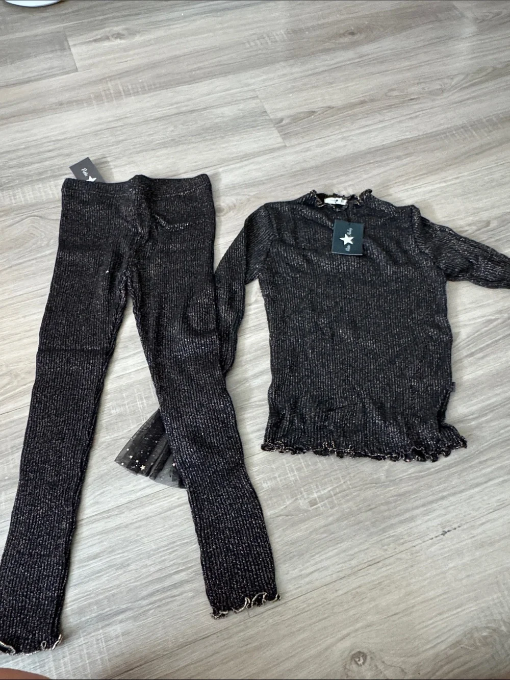 Petite Hailey Girls' Black Shimmer Ribbed Matching Leggings Set